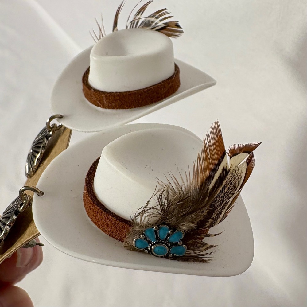 Tipi White Cowboy Hat Earrings Turquoise Feather Western Boho Jewelry - Picture 3 of 7